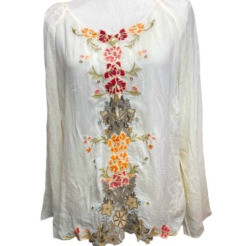 J. Jill Med Petite Ivory Boho Floral Embroidery Semi Sheer Pull Over Blouse